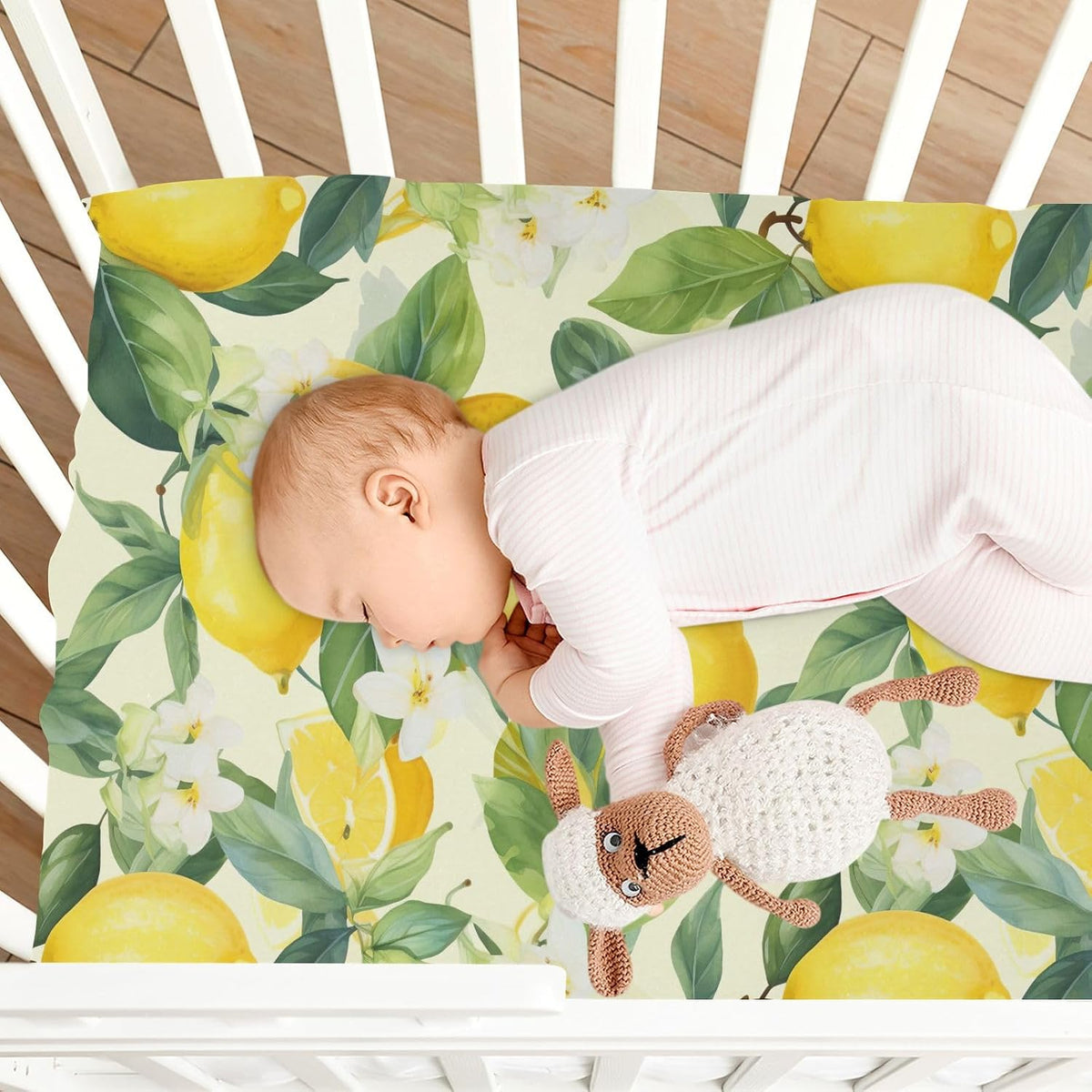 Floral Lemons Flowers Yellow Fitted Crib Sheets for Pack and Play Playard Sheet for Daycare with Soft and Breathable Material Baby Bed Sheets for Baby Boys Girls (52" x 28")
