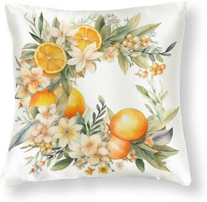 Satin Throw Pillow Covers Lemon Daisies Wreath Decorative Pillowcase Yellow Sweet Lemon Outdoor Pillow Cover Zippered for Farmhouse Decor Room Bedroom Sofa Chair Car 16"x16"