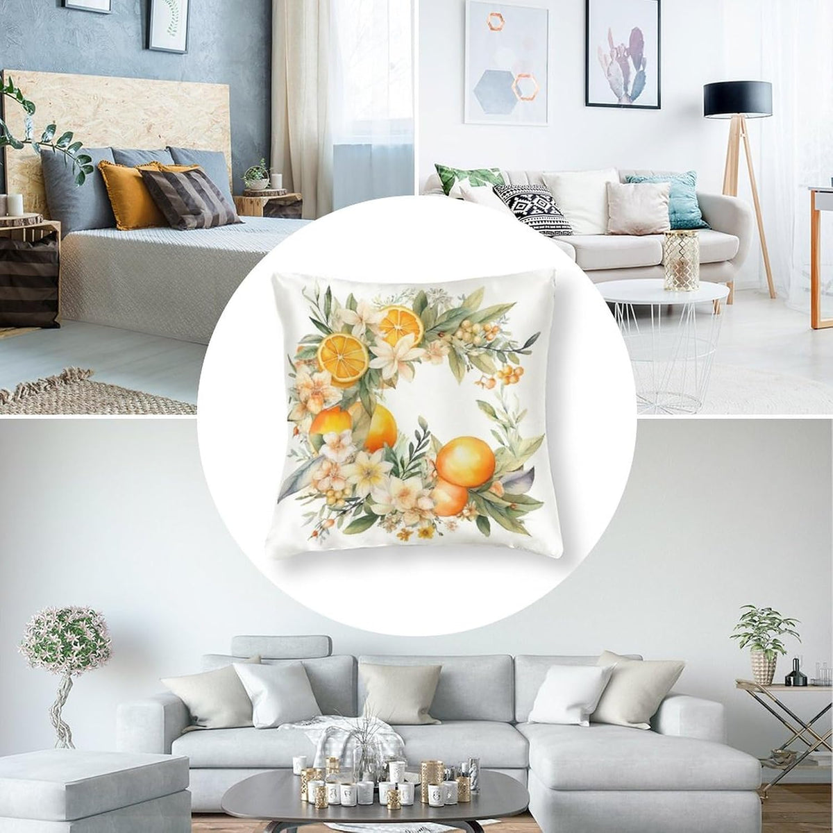 Satin Throw Pillow Covers Lemon Daisies Wreath Decorative Pillowcase Yellow Sweet Lemon Outdoor Pillow Cover Zippered for Farmhouse Decor Room Bedroom Sofa Chair Car 16"x16"