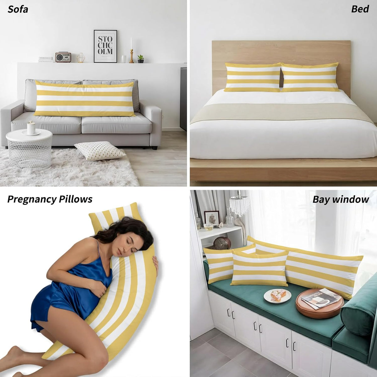Lemon Yellow Striped Pillow Cases Standard Size Set of 2 - Microfiber Bed Throw Pillow Covers, Modern Yellow Stripes Farmhouse Decorative Lumbar Pillow Cover with Envelope Closure for Sofa 20"x26"