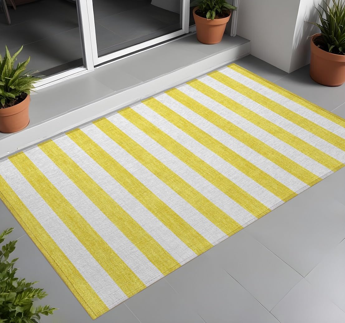 2' X 3' Yellow and White Striped Washable Indoor Outdoor Area Rug