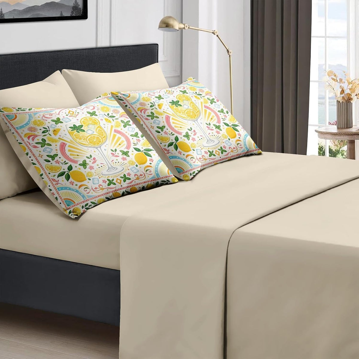 Queen Comforter Set, 7 Pieces Lemon Summer Bedding Set