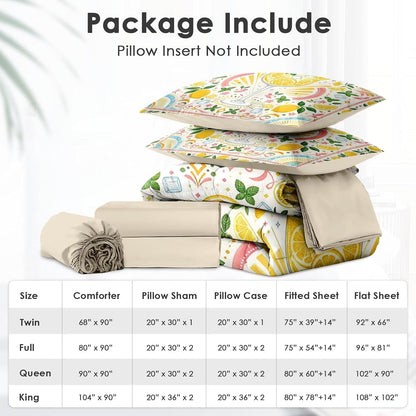 Queen Comforter Set, 7 Pieces Lemon Summer Bedding Set