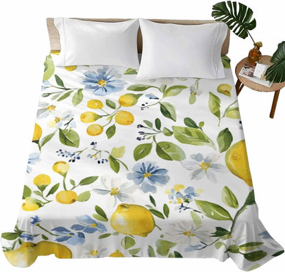 Flat Sheet, 1 Piece Top Sheet Twin Size Yellow Lemon Blue Flowers Soft Breathable Bed Sheet Watercolor Floral Leaf Brushed Microfiber Bed Sheet, Wrinkle Resistant, Fade Resistant Bedding
