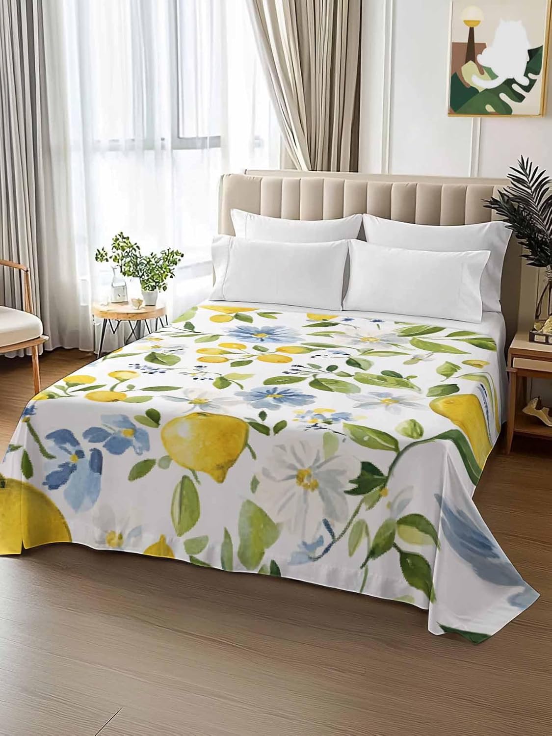 Flat Sheet, 1 Piece Top Sheet Twin Size Yellow Lemon Blue Flowers Soft Breathable Bed Sheet Watercolor Floral Leaf Brushed Microfiber Bed Sheet, Wrinkle Resistant, Fade Resistant Bedding