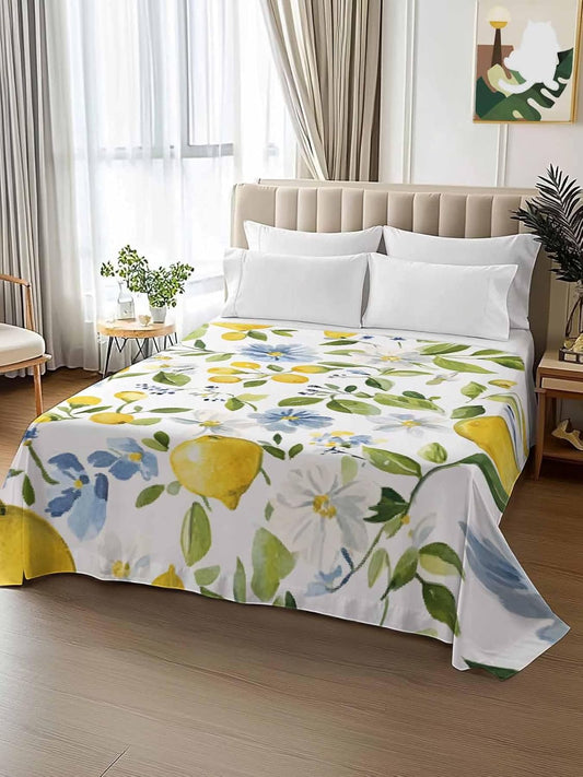 Flat Sheet, 1 Piece Top Sheet Twin Size Yellow Lemon Blue Flowers Soft Breathable Bed Sheet Watercolor Floral Leaf Brushed Microfiber Bed Sheet, Wrinkle Resistant, Fade Resistant Bedding