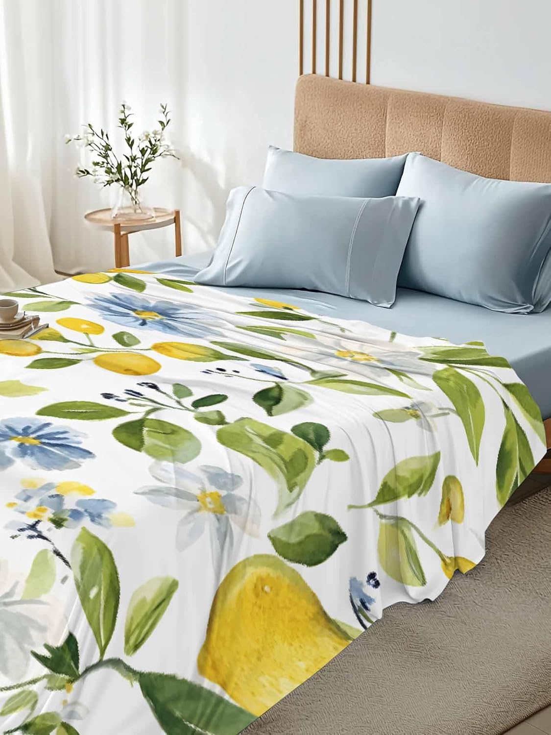 Flat Sheet, 1 Piece Top Sheet Twin Size Yellow Lemon Blue Flowers Soft Breathable Bed Sheet Watercolor Floral Leaf Brushed Microfiber Bed Sheet, Wrinkle Resistant, Fade Resistant Bedding