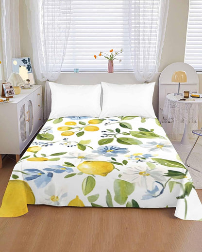 Flat Sheet, 1 Piece Top Sheet Twin Size Yellow Lemon Blue Flowers Soft Breathable Bed Sheet Watercolor Floral Leaf Brushed Microfiber Bed Sheet, Wrinkle Resistant, Fade Resistant Bedding