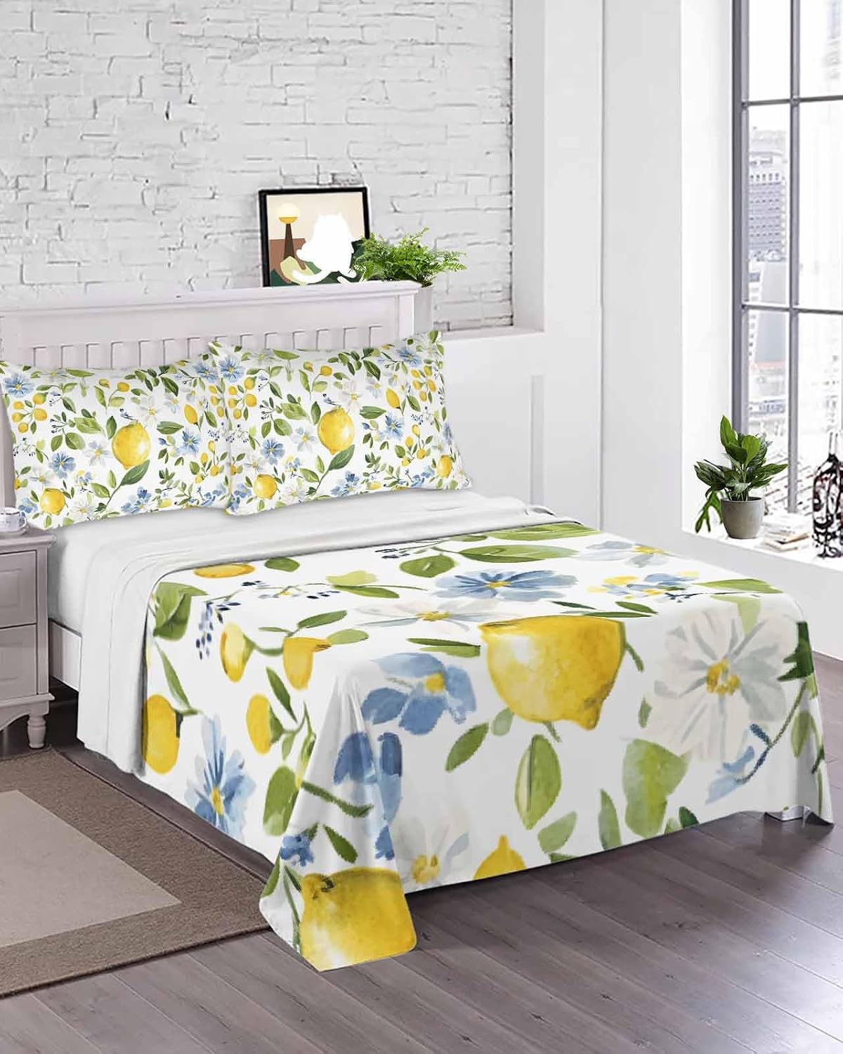 Flat Sheet, 1 Piece Top Sheet Twin Size Yellow Lemon Blue Flowers Soft Breathable Bed Sheet Watercolor Floral Leaf Brushed Microfiber Bed Sheet, Wrinkle Resistant, Fade Resistant Bedding