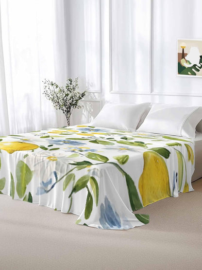 Flat Sheet, 1 Piece Top Sheet Twin Size Yellow Lemon Blue Flowers Soft Breathable Bed Sheet Watercolor Floral Leaf Brushed Microfiber Bed Sheet, Wrinkle Resistant, Fade Resistant Bedding