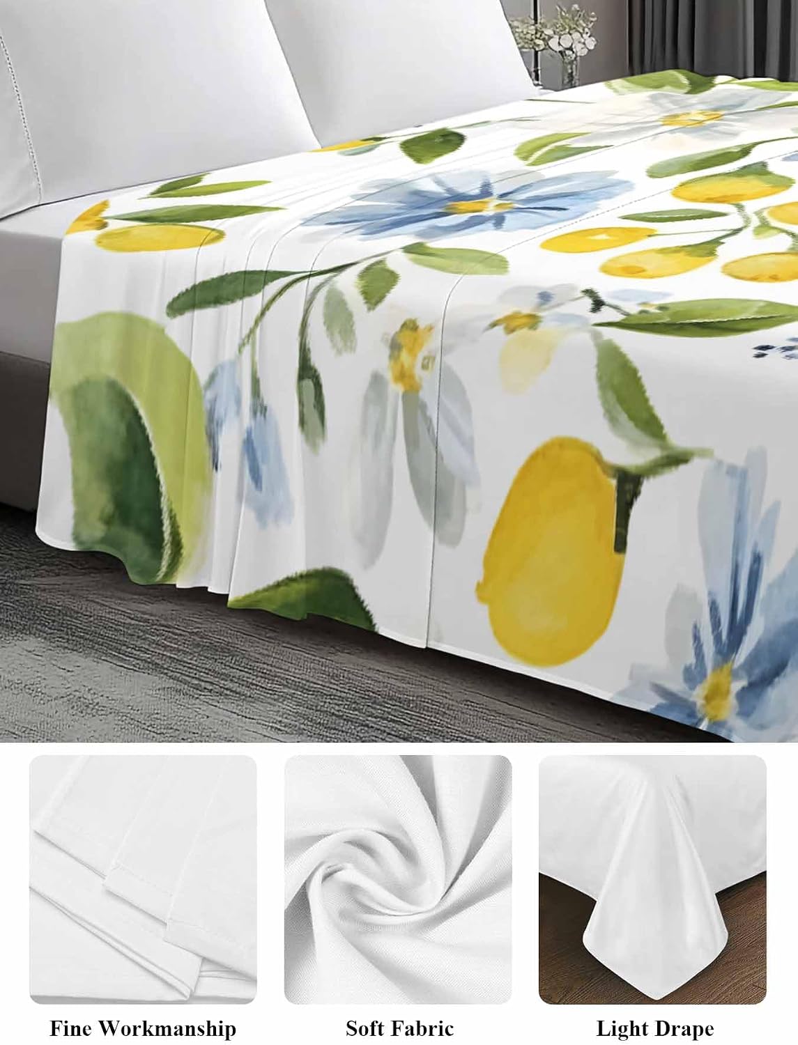 Flat Sheet, 1 Piece Top Sheet Twin Size Yellow Lemon Blue Flowers Soft Breathable Bed Sheet Watercolor Floral Leaf Brushed Microfiber Bed Sheet, Wrinkle Resistant, Fade Resistant Bedding