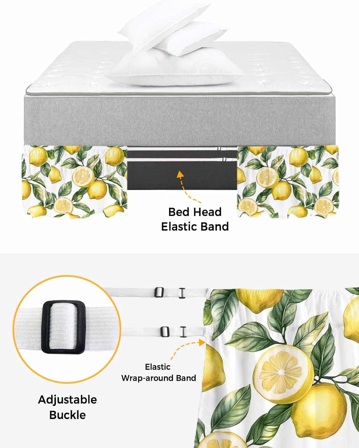 Yellow Lemon Bed Skirt Queen Size 16 Inch Drop, Adjustable Elastic Wrap Around Bed Skirts Easy Fitting Dust Ruffle Bedskirt Bed Frame Cover Watercolor Leaf Floral Green White Modern
