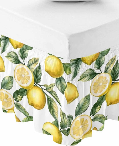 Yellow Lemon Bed Skirt Queen Size 16 Inch Drop, Adjustable Elastic Wrap Around Bed Skirts Easy Fitting Dust Ruffle Bedskirt Bed Frame Cover Watercolor Leaf Floral Green White Modern