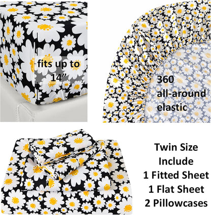 Ultra-Soft Microfiber Sheet Set - Double Brushed - Wrinkle and Stain Resistance - Fit 14 inches Deep Pocket - 4 Pieces Set (Twin, Yellow Daisies)