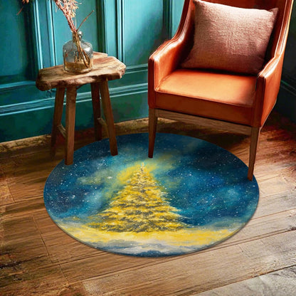 Christmas Tree Area Rug, Winter Festive Stars Snow Xmas Yellow Non-Slip Doormat Round Throw Rug Stain Resistant Entryway Bathroom Laundry Room Decor 3' X 3'