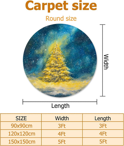 Christmas Tree Area Rug, Winter Festive Stars Snow Xmas Yellow Non-Slip Doormat Round Throw Rug Stain Resistant Entryway Bathroom Laundry Room Decor 3' X 3'