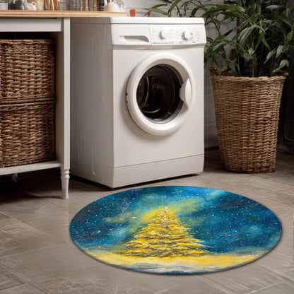 Christmas Tree Area Rug, Winter Festive Stars Snow Xmas Yellow Non-Slip Doormat Round Throw Rug Stain Resistant Entryway Bathroom Laundry Room Decor 3' X 3'