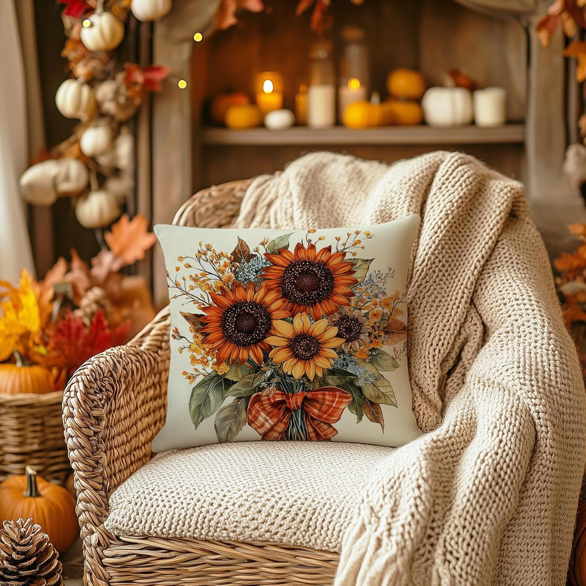 Fall Pillow Cover 18x18 Inch Sunflower Decor Floral Farmhouse Seasonal Pillow Case Decorations for Home Sofa Couch