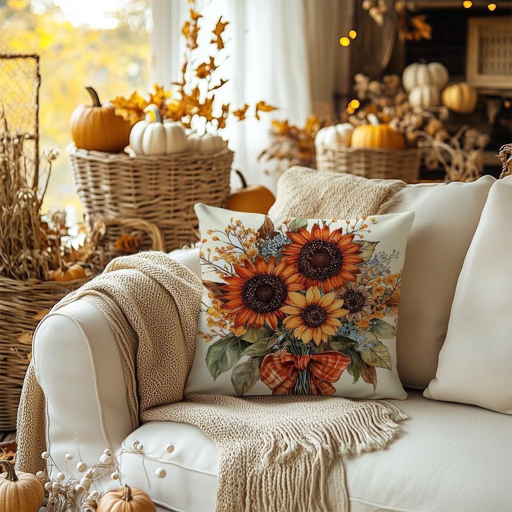 Fall Pillow Cover 18x18 Inch Sunflower Decor Floral Farmhouse Seasonal Pillow Case Decorations for Home Sofa Couch