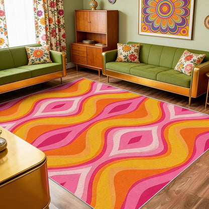 Wavy Stripe Rug 3x5, Washable Swirl Abstract Funky Rugs for Living Room Bedroom, Hot Pink Yellow Orange Area Rug for Home Decor, Non Slip Backing Floor Carpet with Gripper - 3 x 5 ft