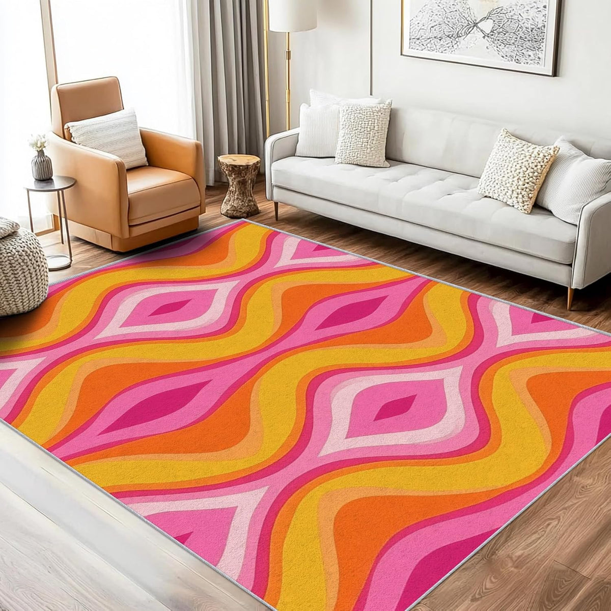 Wavy Stripe Rug 3x5, Washable Swirl Abstract Funky Rugs for Living Room Bedroom, Hot Pink Yellow Orange Area Rug for Home Decor, Non Slip Backing Floor Carpet with Gripper - 3 x 5 ft