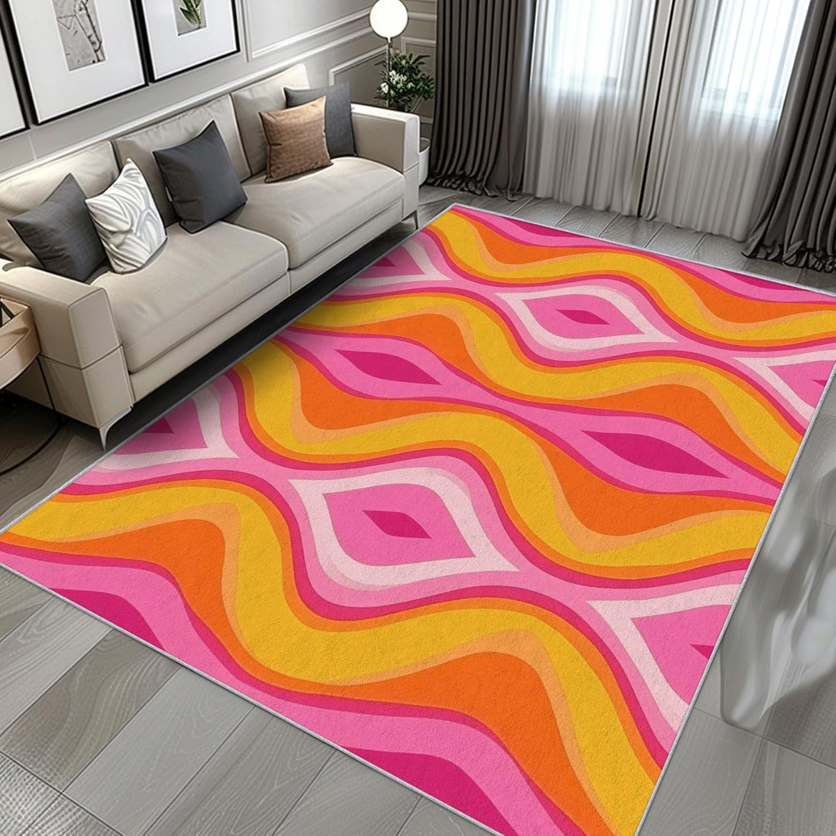 Wavy Stripe Rug 3x5, Washable Swirl Abstract Funky Rugs for Living Room Bedroom, Hot Pink Yellow Orange Area Rug for Home Decor, Non Slip Backing Floor Carpet with Gripper - 3 x 5 ft