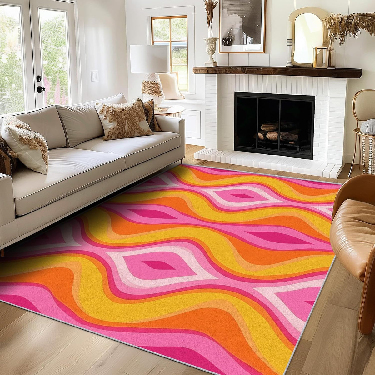 Wavy Stripe Rug 3x5, Washable Swirl Abstract Funky Rugs for Living Room Bedroom, Hot Pink Yellow Orange Area Rug for Home Decor, Non Slip Backing Floor Carpet with Gripper - 3 x 5 ft
