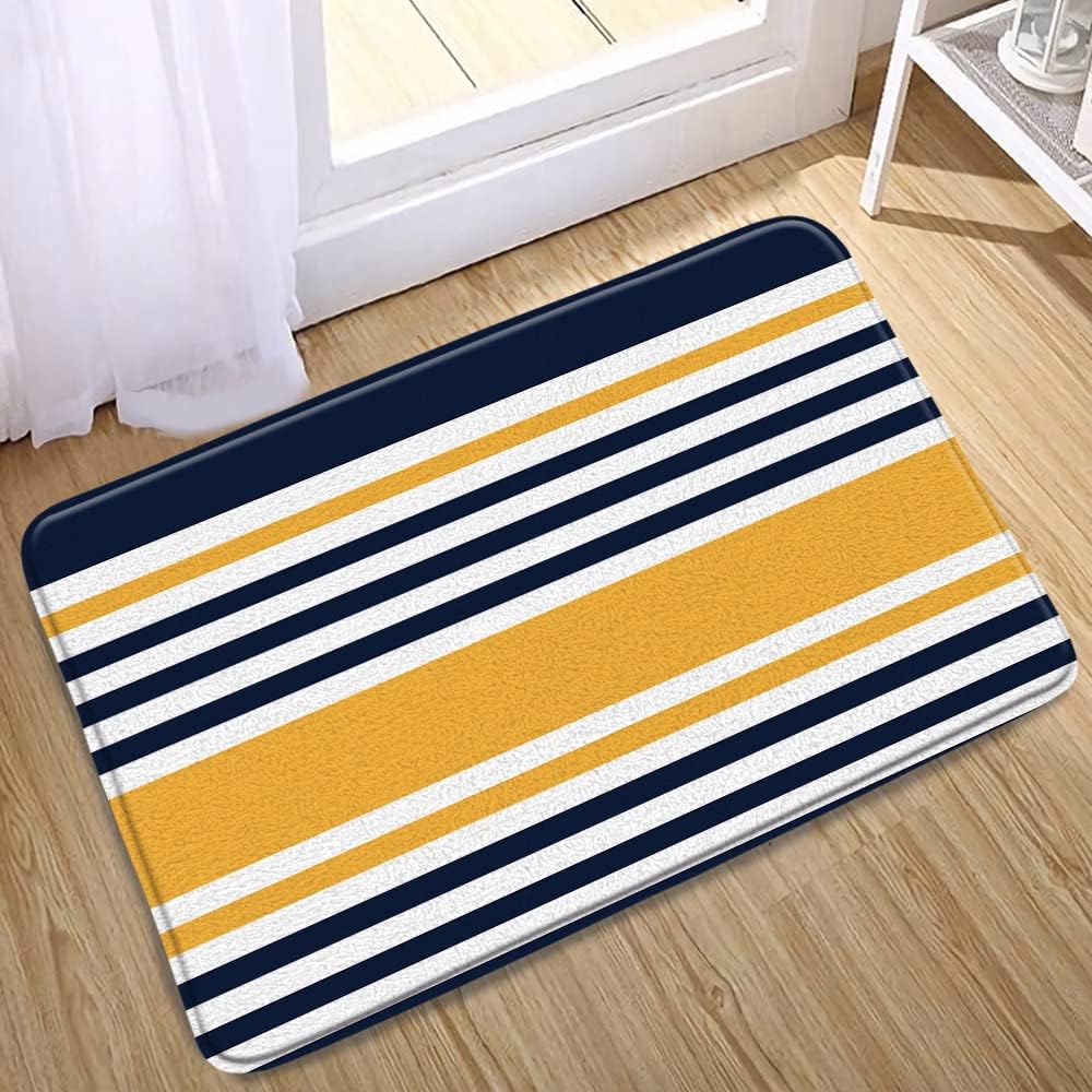 Navy Blue Yellow Bath Mat Abstract Geometric Stripe Modern Contemporary Simple Fashion Boho Mid Century Bathroom Rugs Toilet Bedroom Kitchen Indoor Floor Decor 16x24 Inch