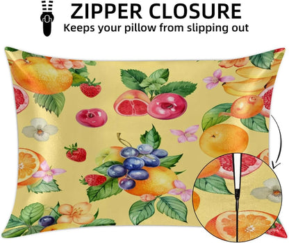 Yellow Lemon Fruit Satin Pillowcase for Hair and Skin Pillow Cases Standard Size Soft Cooling Satin Pillow Covers with Zipper for Men Women 20x26 Inches