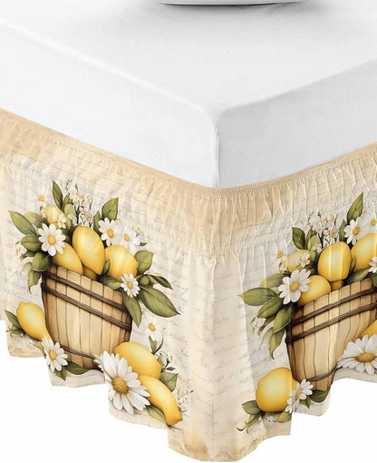Vintage Lemon Bed Skirt Queen Size 16 Inch Drop, Adjustable Elastic Wrap Around Bed Skirts Easy Fitting Dust Ruffle Bedskirt Bed Frame Cover Yellow Fruit Blossoming Botanical Flower