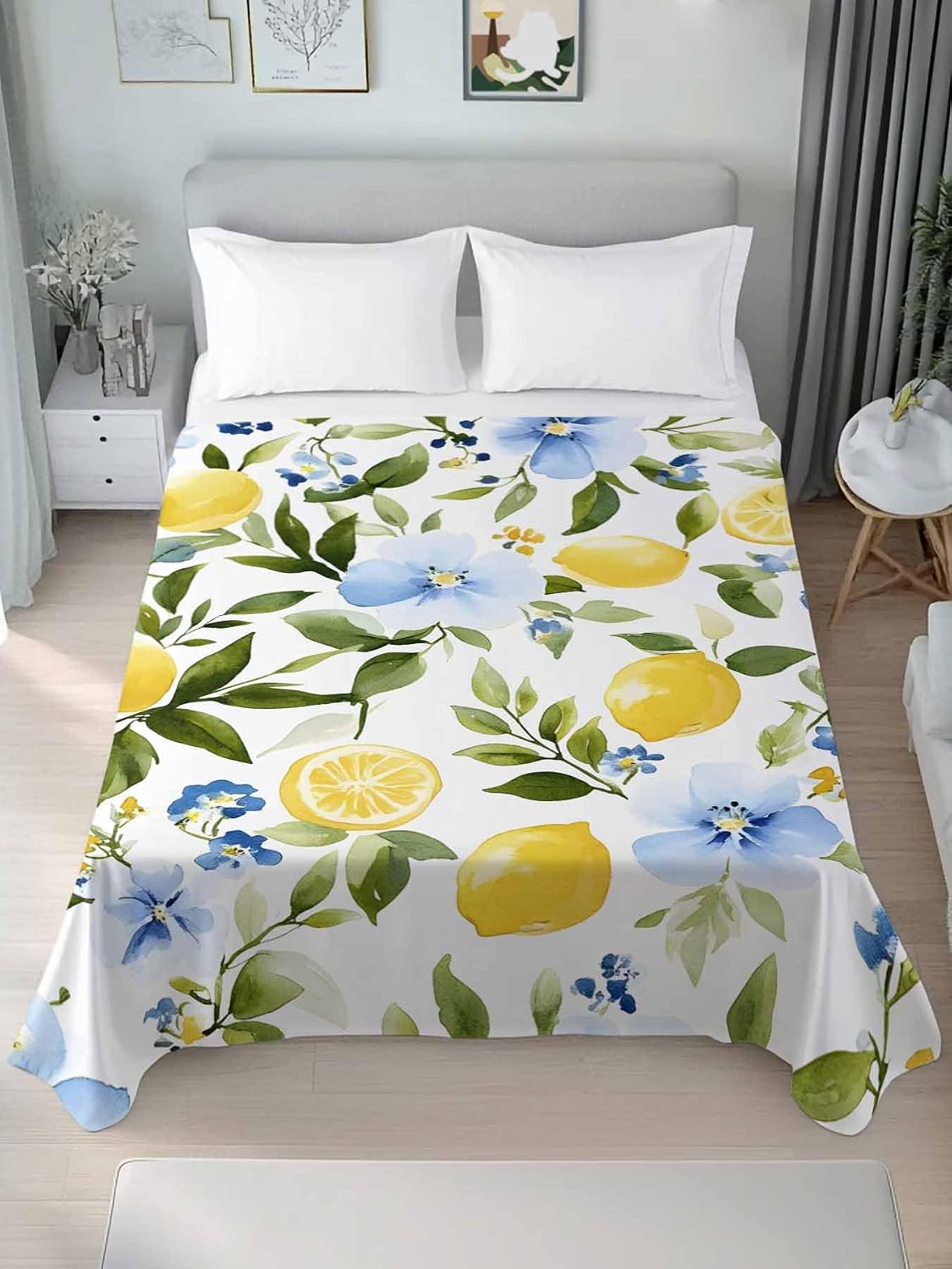Twin Flat Sheet Only,Watercolor Lemon Floral Leaves Top Sheet Breathable Soft Brushed Polyester Microfiber Bed Sheets,Yellow Blue White Hotel Luxury Bedding Sheets for Women,Men,Teens