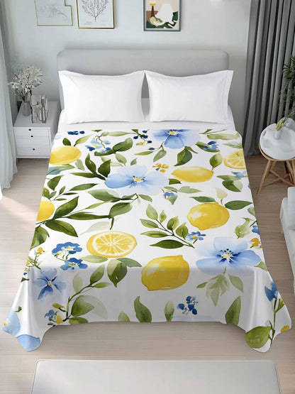 Twin Flat Sheet Only,Watercolor Lemon Floral Leaves Top Sheet Breathable Soft Brushed Polyester Microfiber Bed Sheets,Yellow Blue White Hotel Luxury Bedding Sheets for Women,Men,Teens