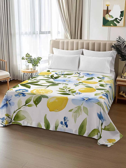 Twin Flat Sheet Only,Watercolor Lemon Floral Leaves Top Sheet Breathable Soft Brushed Polyester Microfiber Bed Sheets,Yellow Blue White Hotel Luxury Bedding Sheets for Women,Men,Teens