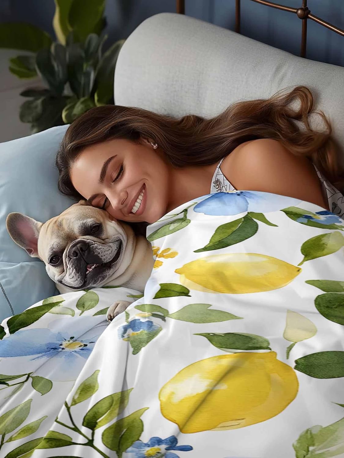 Twin Flat Sheet Only,Watercolor Lemon Floral Leaves Top Sheet Breathable Soft Brushed Polyester Microfiber Bed Sheets,Yellow Blue White Hotel Luxury Bedding Sheets for Women,Men,Teens