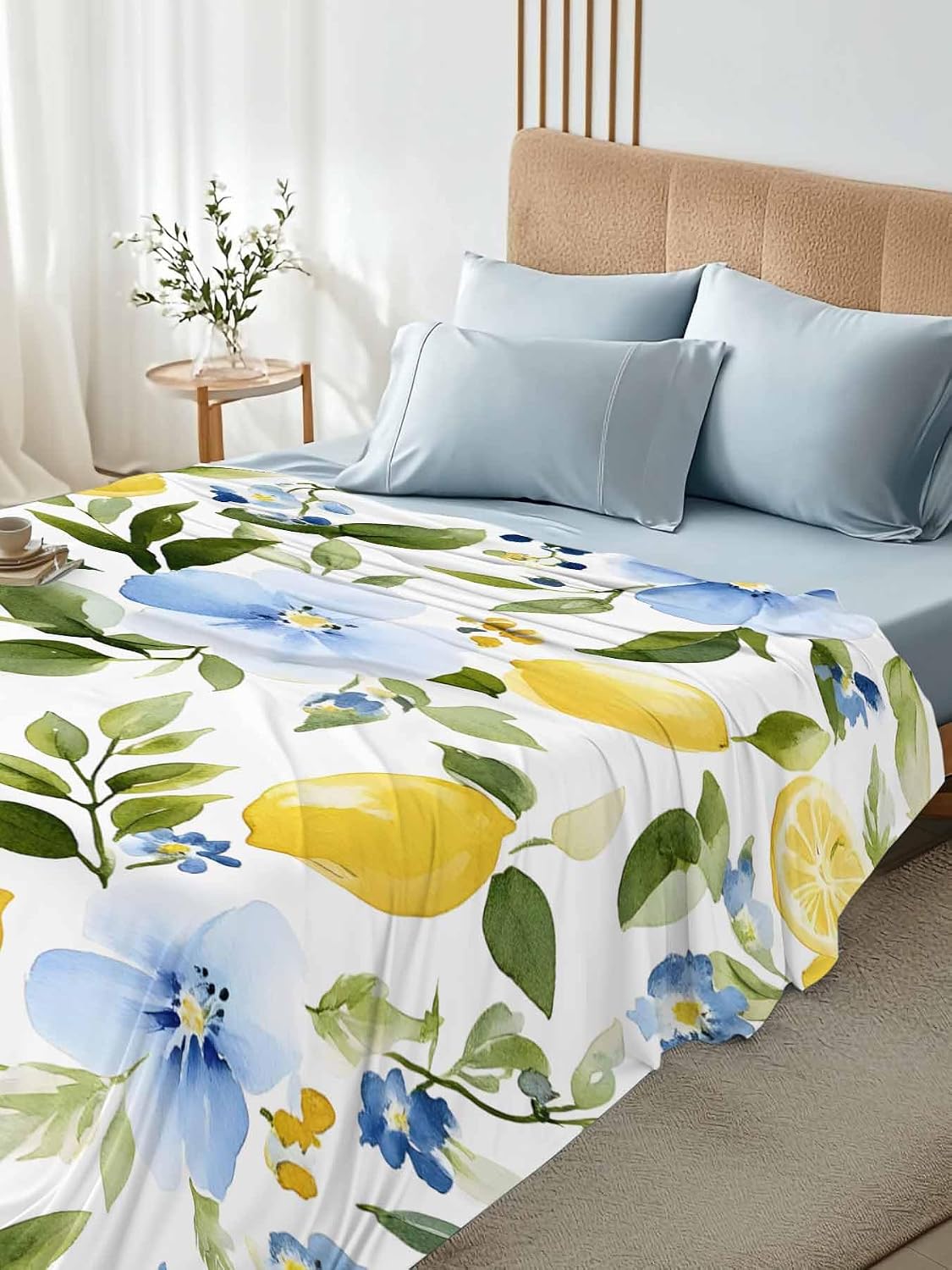Twin Flat Sheet Only,Watercolor Lemon Floral Leaves Top Sheet Breathable Soft Brushed Polyester Microfiber Bed Sheets,Yellow Blue White Hotel Luxury Bedding Sheets for Women,Men,Teens