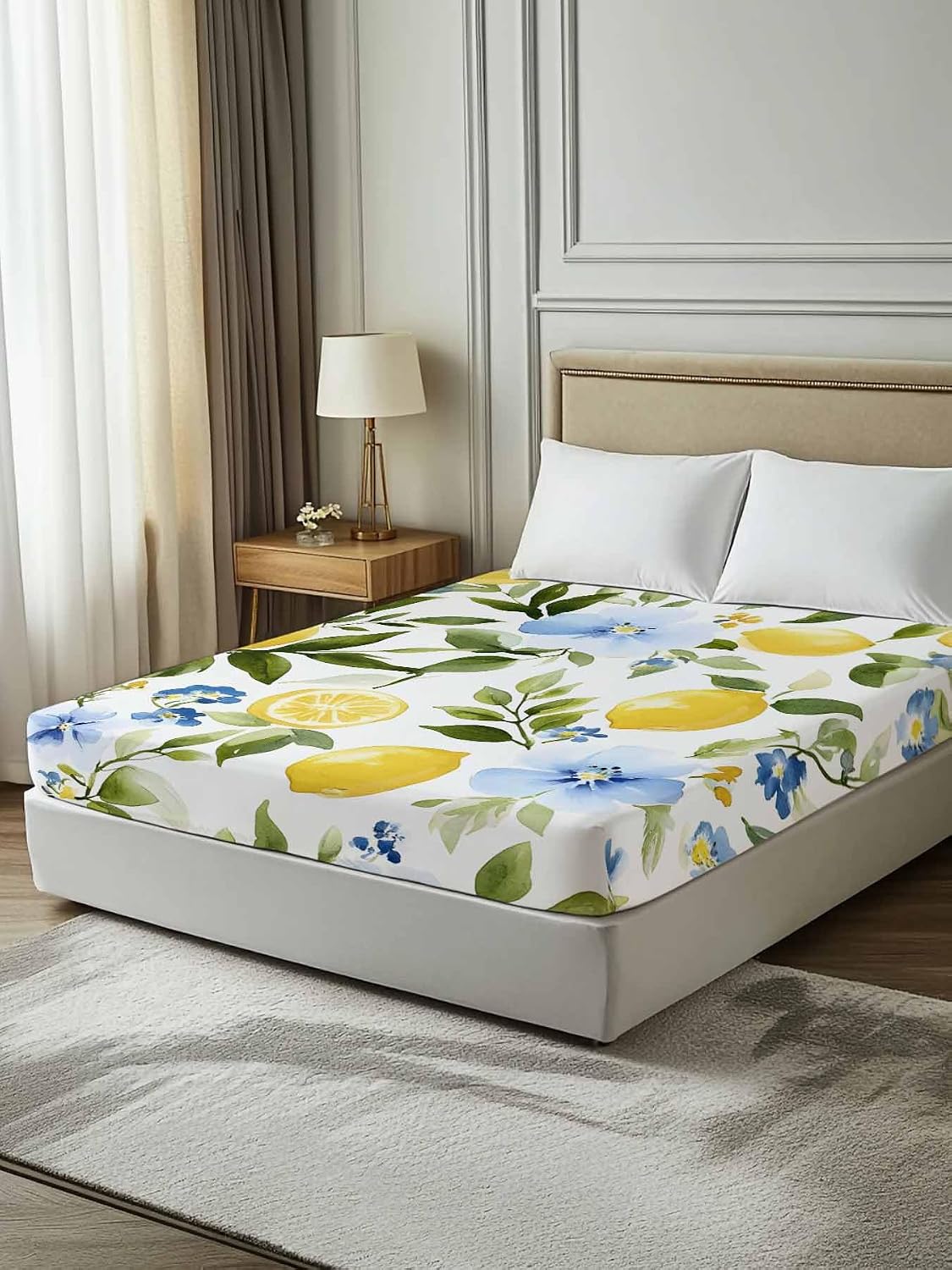 Twin Flat Sheet Only,Watercolor Lemon Floral Leaves Top Sheet Breathable Soft Brushed Polyester Microfiber Bed Sheets,Yellow Blue White Hotel Luxury Bedding Sheets for Women,Men,Teens