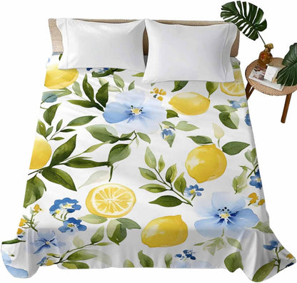 Twin Flat Sheet Only,Watercolor Lemon Floral Leaves Top Sheet Breathable Soft Brushed Polyester Microfiber Bed Sheets,Yellow Blue White Hotel Luxury Bedding Sheets for Women,Men,Teens