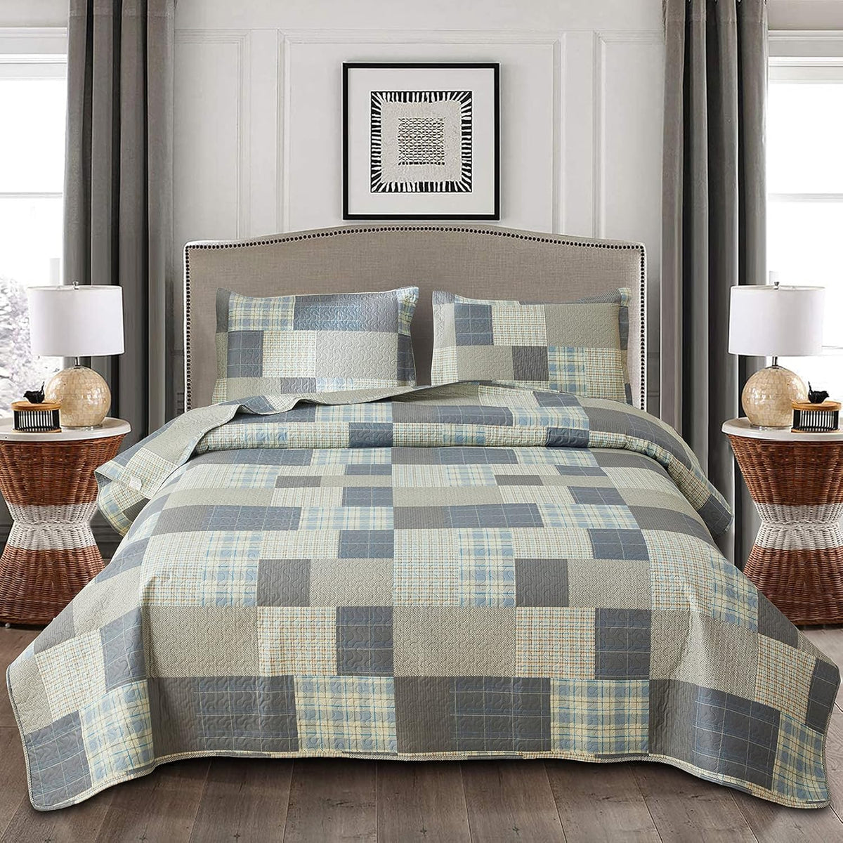 Grey Blue Yellow Bedding Plaid Quilt Full/Queen Size Summer Patchwork Quilts Lightweight Soft Breathable Check Bedspread Gingham Bedding Checker Pattern Coverlet Bed Cover Set Geometric Home Decor