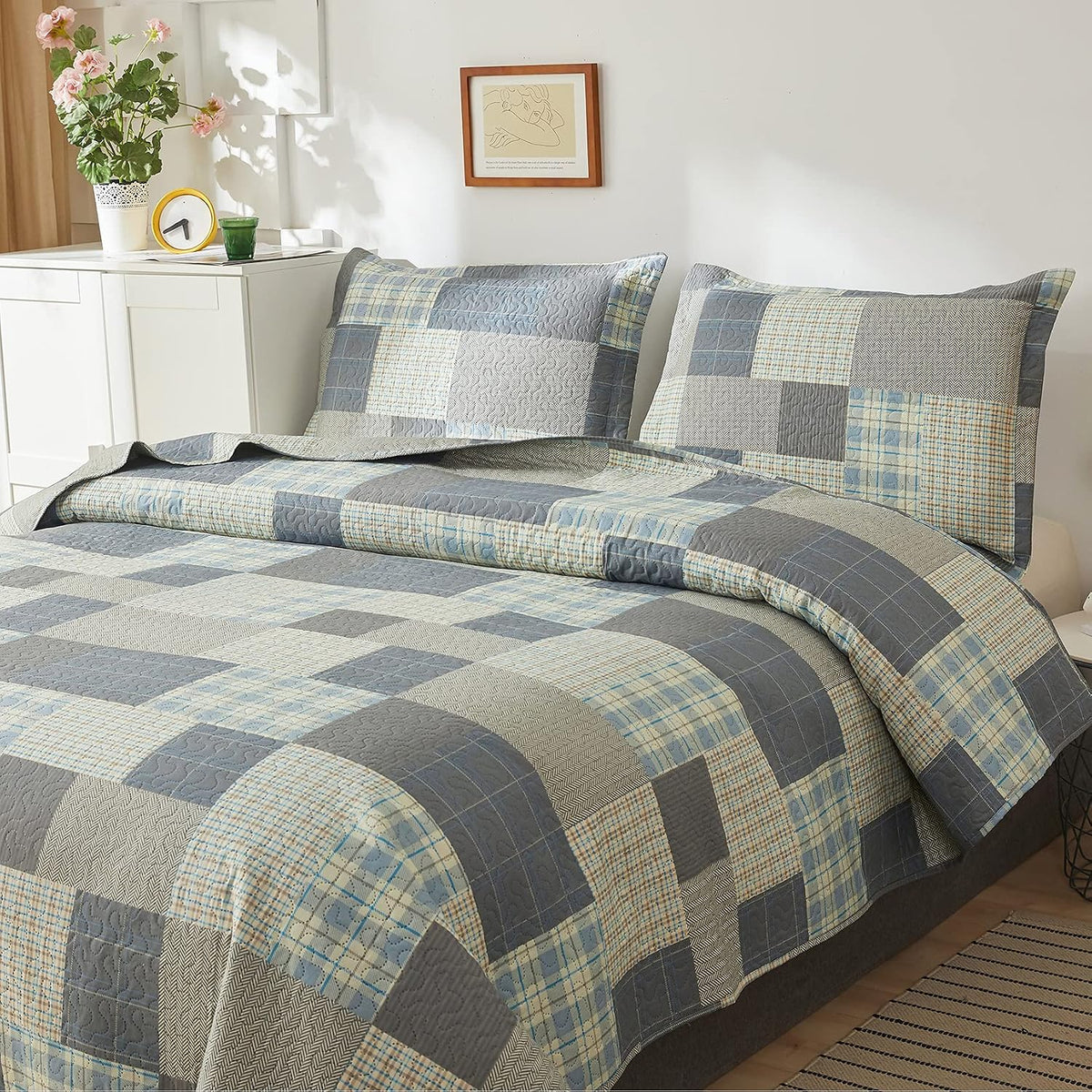 Grey Blue Yellow Bedding Plaid Quilt Full/Queen Size Summer Patchwork Quilts Lightweight Soft Breathable Check Bedspread Gingham Bedding Checker Pattern Coverlet Bed Cover Set Geometric Home Decor