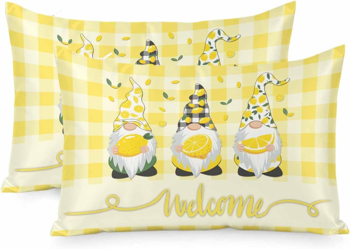 Vintage Fruit Gnomes Standard Pillowcase Set of 2, Summer Lemon Yellow Buffalo Satin Pillow Case Cover with Smooth Hidden Zipper Closure, Soft Throw Pillow Covers Cases 20 X 26 Inches