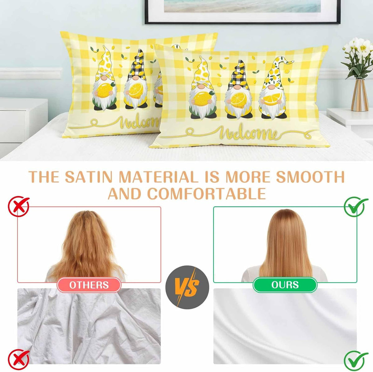 Vintage Fruit Gnomes Standard Pillowcase Set of 2, Summer Lemon Yellow Buffalo Satin Pillow Case Cover with Smooth Hidden Zipper Closure, Soft Throw Pillow Covers Cases 20 X 26 Inches