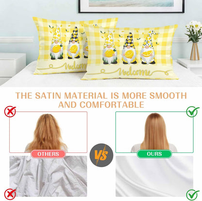 Vintage Fruit Gnomes Standard Pillowcase Set of 2, Summer Lemon Yellow Buffalo Satin Pillow Case Cover with Smooth Hidden Zipper Closure, Soft Throw Pillow Covers Cases 20 X 26 Inches