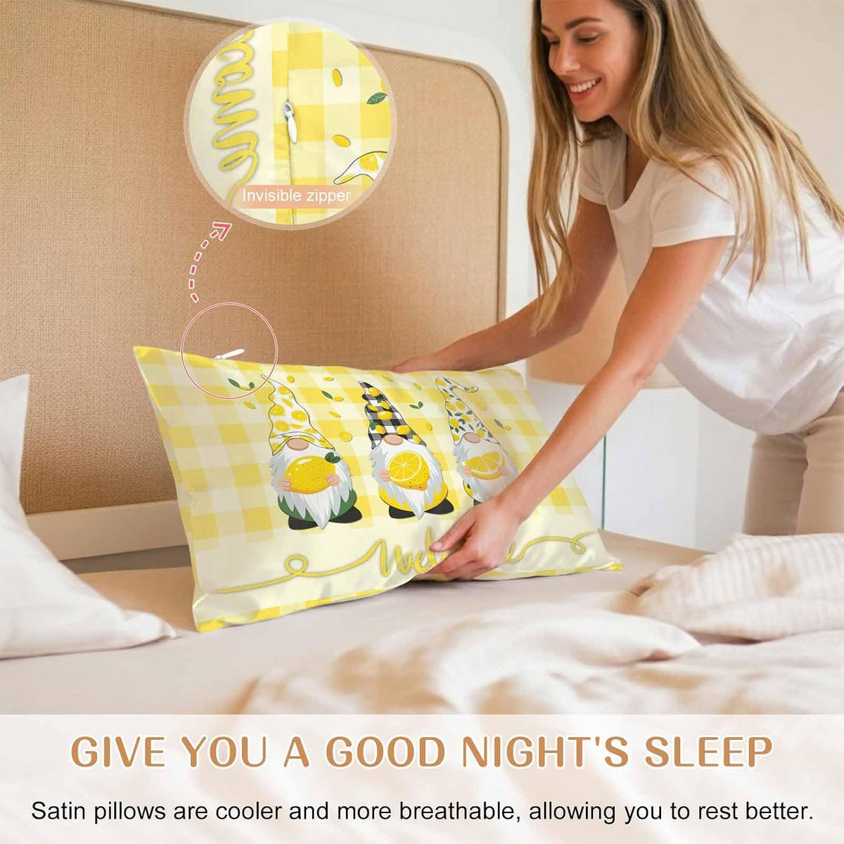 Vintage Fruit Gnomes Standard Pillowcase Set of 2, Summer Lemon Yellow Buffalo Satin Pillow Case Cover with Smooth Hidden Zipper Closure, Soft Throw Pillow Covers Cases 20 X 26 Inches