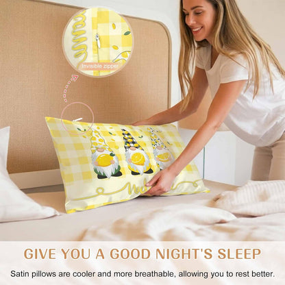 Vintage Fruit Gnomes Standard Pillowcase Set of 2, Summer Lemon Yellow Buffalo Satin Pillow Case Cover with Smooth Hidden Zipper Closure, Soft Throw Pillow Covers Cases 20 X 26 Inches