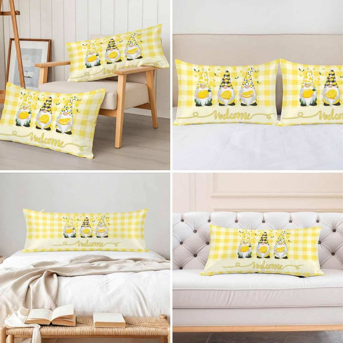 Vintage Fruit Gnomes Standard Pillowcase Set of 2, Summer Lemon Yellow Buffalo Satin Pillow Case Cover with Smooth Hidden Zipper Closure, Soft Throw Pillow Covers Cases 20 X 26 Inches