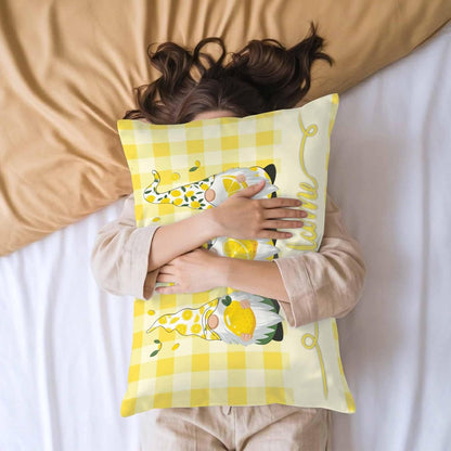 Vintage Fruit Gnomes Standard Pillowcase Set of 2, Summer Lemon Yellow Buffalo Satin Pillow Case Cover with Smooth Hidden Zipper Closure, Soft Throw Pillow Covers Cases 20 X 26 Inches