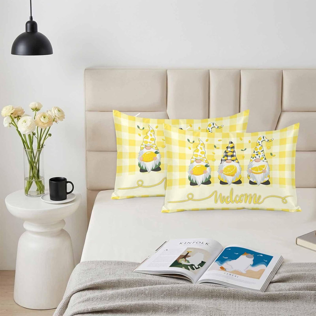 Vintage Fruit Gnomes Standard Pillowcase Set of 2, Summer Lemon Yellow Buffalo Satin Pillow Case Cover with Smooth Hidden Zipper Closure, Soft Throw Pillow Covers Cases 20 X 26 Inches