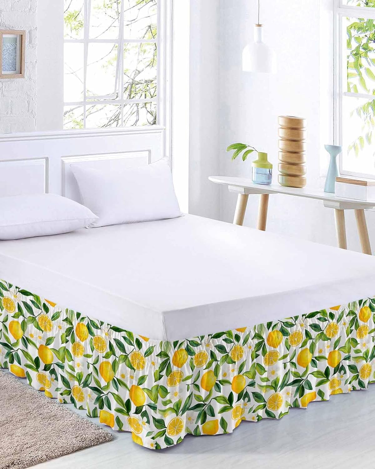 Yellow Lemon Bed Skirt Queen Size 16 Inch Drop, Adjustable Elastic Wrap Around Bed Skirts Easy Fitting Dust Ruffle Bedskirt Bed Frame Cover Botanical White Floral Green Leaves