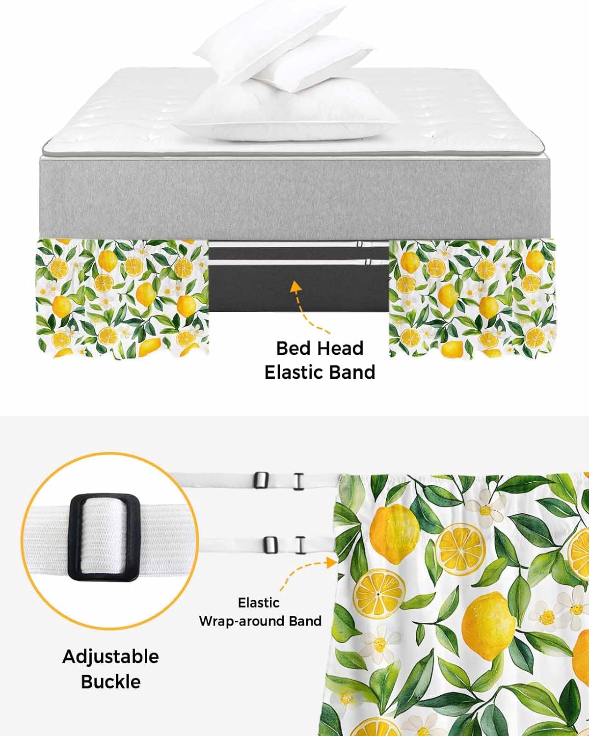 Yellow Lemon Bed Skirt Queen Size 16 Inch Drop, Adjustable Elastic Wrap Around Bed Skirts Easy Fitting Dust Ruffle Bedskirt Bed Frame Cover Botanical White Floral Green Leaves