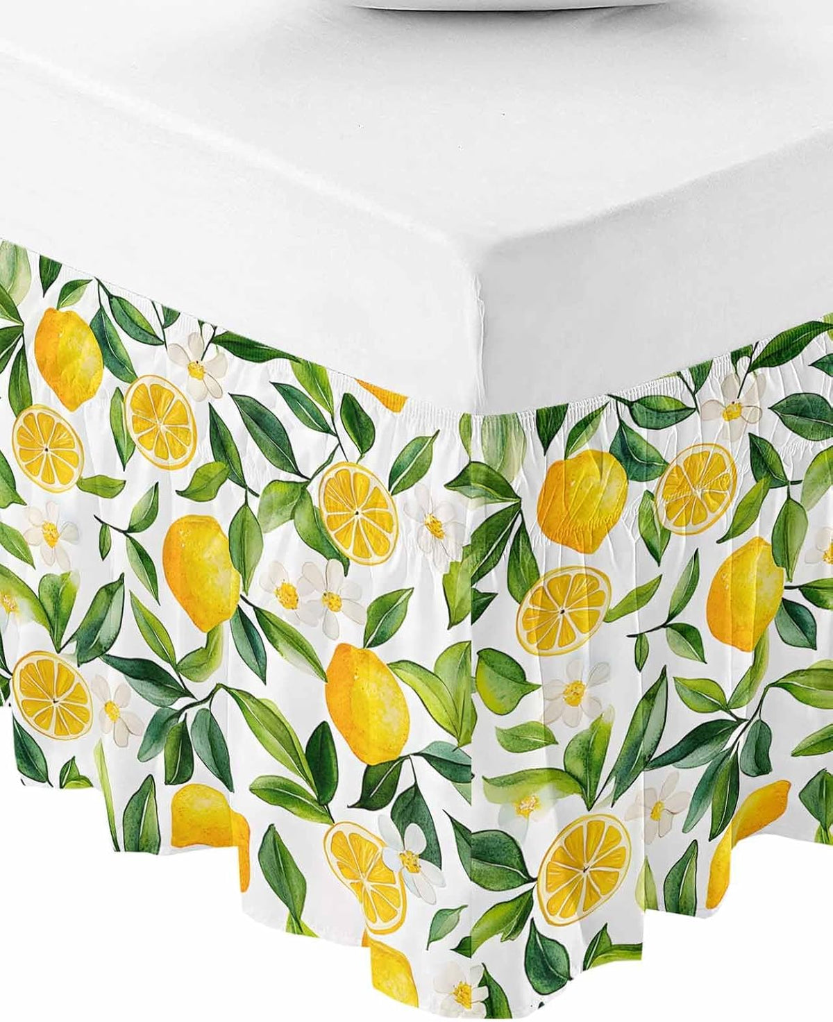 Yellow Lemon Bed Skirt Queen Size 16 Inch Drop, Adjustable Elastic Wrap Around Bed Skirts Easy Fitting Dust Ruffle Bedskirt Bed Frame Cover Botanical White Floral Green Leaves
